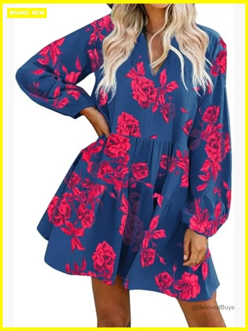 Women's Shift Tunic Dress with Pockets Long Sleeve Swing Babydoll Mini Dress - Picture 1 of 6